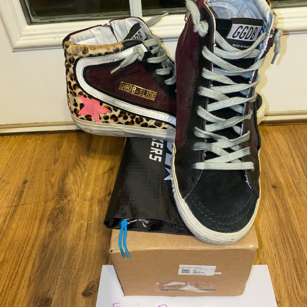 🔥Golden Goose - leopard 🐆hair/burgundy suede Slides - Sold Out Everywhere!🚀🌟